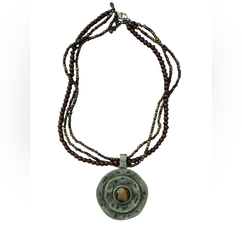 Elegant Multi-Strand Beaded Necklace with Silver Pendant